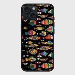 Чехол силиконовый для Apple iPhone 15 матовый Разноцветные рыбы - черный фон