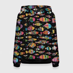 Женская толстовка 3D Разноцветные рыбы - черный фон
