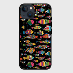 Чехол для iPhone 14 Разноцветные рыбы - черный фон