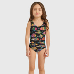 Детский купальник 3D Разноцветные рыбы - черный фон