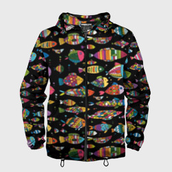Мужская ветровка 3D Разноцветные рыбы - черный фон