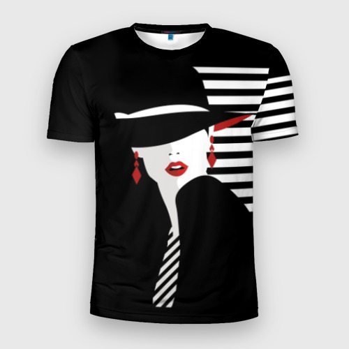 Мужская футболка 3D Slim с принтом Стильная девушка в шляпе, вид спереди #2