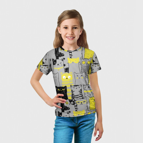 Детская футболка 3D с принтом Смешные серые коты, вид сбоку #3