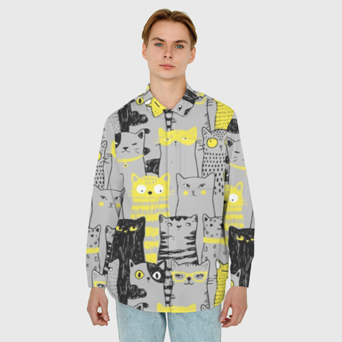 Мужская рубашка oversize 3D с принтом Смешные серые коты, фото на моделе #1