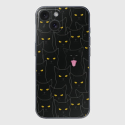Чехол для iPhone 15 силиконовый с защитой камеры Чёрные коты с жёлтыми глазами