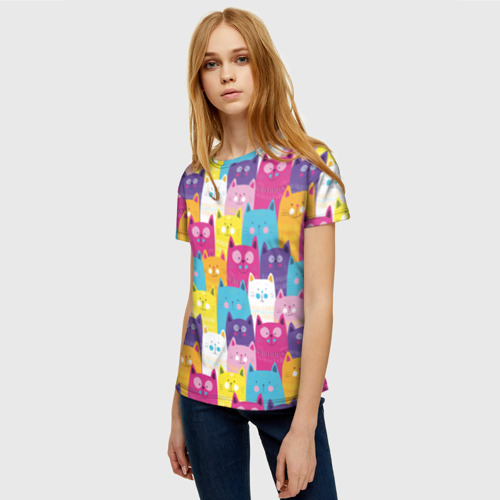 Женская футболка 3D Разноцветные котики, цвет 3D печать - фото 3