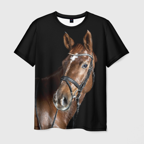 Мужская футболка с принтом Гнедая лошадь в збруе, вид спереди №1