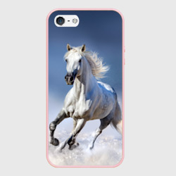 Чехол для iPhone 5/5S матовый Белая лошадь скачет по снегу