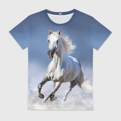 Женская футболка 3D Белая лошадь скачет по снегу