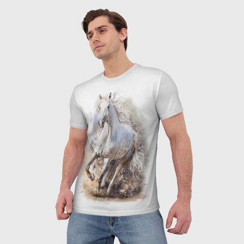 Мужская футболка 3D с принтом Белая конь мчится галопом, фото на моделе #1