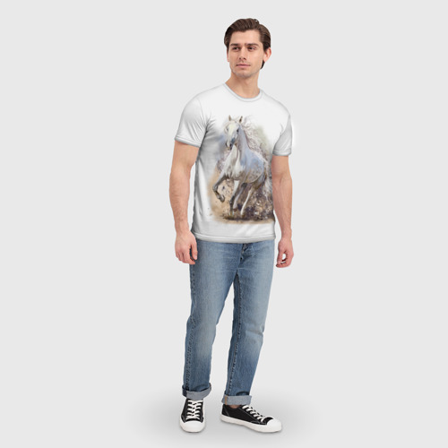 Мужская футболка 3D с принтом Белая конь мчится галопом, вид сбоку #3