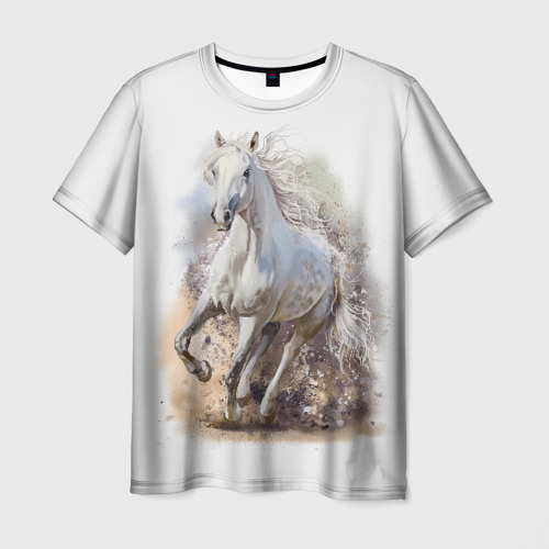 Мужская футболка 3D с принтом Белая конь мчится галопом, вид спереди #2