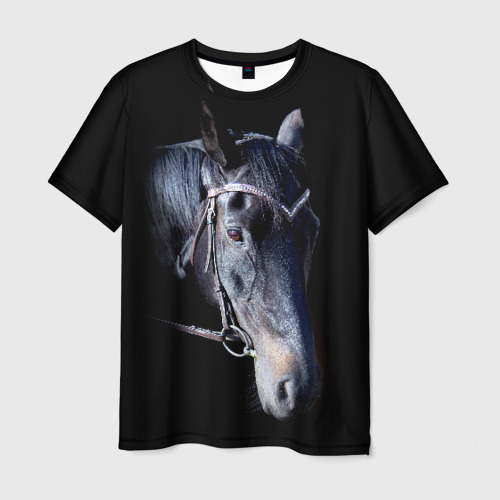 Мужская футболка с принтом Конь вороной на черном, вид спереди №1