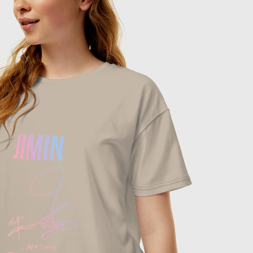 Женская футболка хлопок Oversize Jimin BTS автограф, цвет миндальный - фото 3