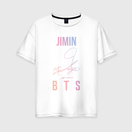 Женская футболка из хлопка оверсайз с принтом Jimin BTS автограф, вид спереди №1