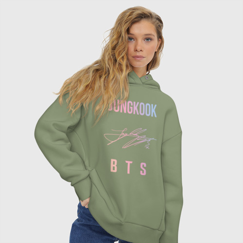 Женское худи Oversize хлопок Jungkook BTS автограф, цвет авокадо - фото 4