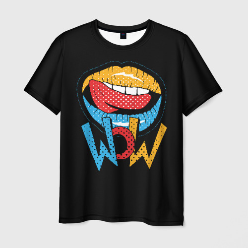 Мужская футболка с принтом Wow - lips with tongue, вид спереди №1