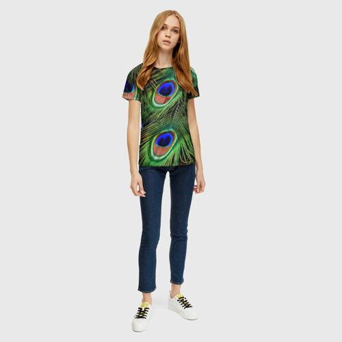 Женская футболка 3D с принтом Перья павлина #1, вид сбоку #3