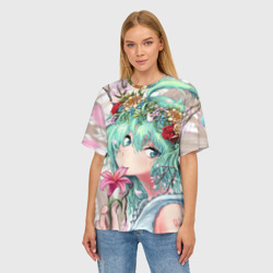 Женская футболка oversize 3D Цветок и Хацуне Мику - фото 2