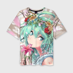 Женская футболка oversize 3D Цветок и Хацуне Мику
