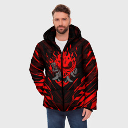 Куртка с принтом Cyberpunk 2077 Киану Ривз для мужчины, вид на модели спереди №2. Цвет основы: черный
