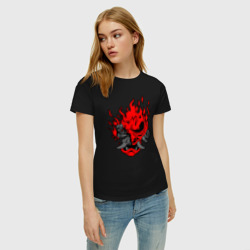Женская футболка хлопок Cyberpunk 2077 огненный кибер Они - фото 2