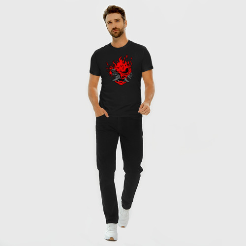 Мужская футболка хлопок Slim с принтом Cyberpunk 2077 огненный кибер Они, вид сбоку #3