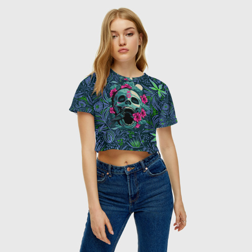 Женская футболка Crop-top 3D Череп В Цветах, цвет 3D печать - фото 3
