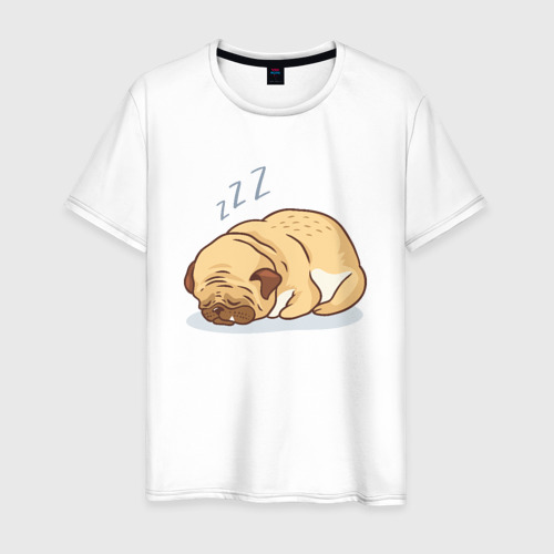 Мужская футболка из хлопка с принтом Спящий мопс, вид спереди №1