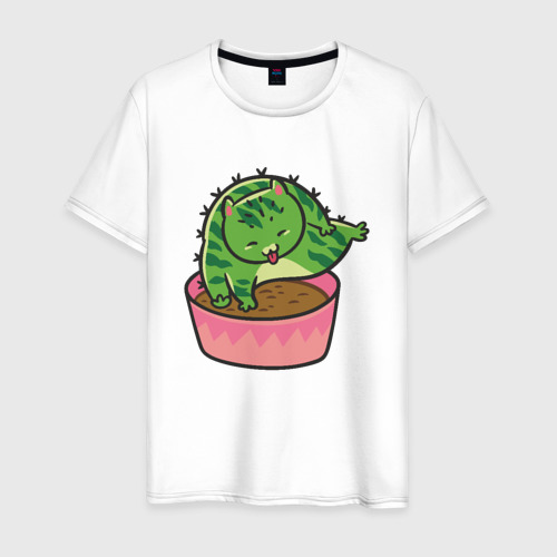 Мужская футболка из хлопка с принтом Кот   кактус, вид спереди №1