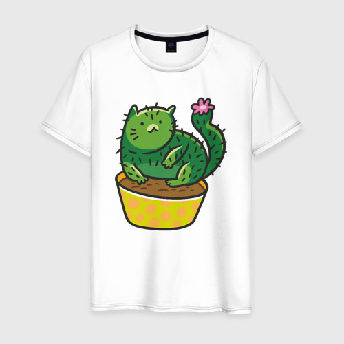 Мужская футболка из хлопка с принтом Кот  кактус, вид спереди №1