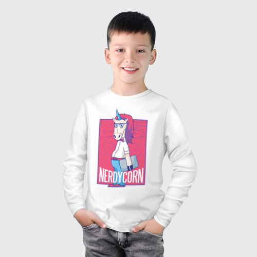 Детский лонгслив хлопок с принтом Умный Единорог, фото на моделе #1