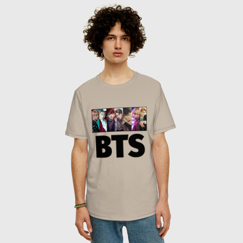 Мужская футболка хлопок Oversize BTS, цвет миндальный - фото 3