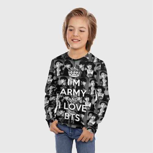 Детский лонгслив 3D с принтом I am army and I lover BTS, фото на моделе #1
