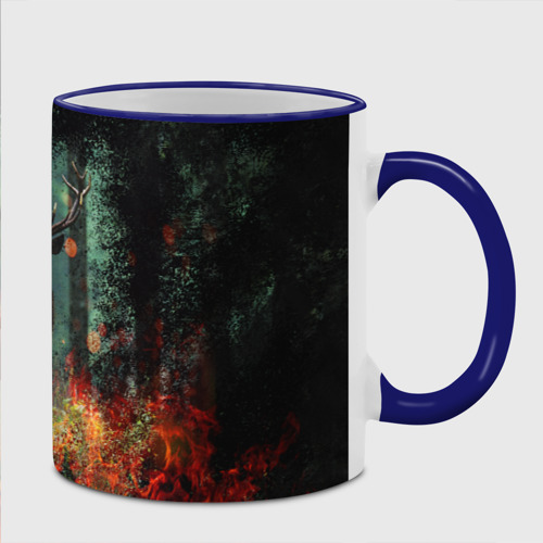 Кружка с полной запечаткой Олень в горящем лесу Сибири, цвет Кант синий