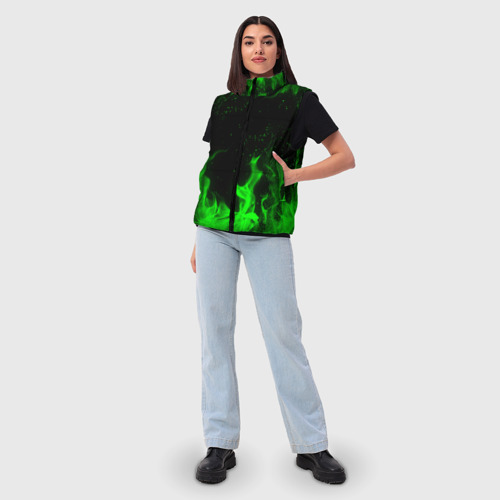 Женский жилет утепленный 3D Зелёный огонь green fire, цвет черный - фото 5
