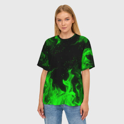Женская футболка oversize 3D Зелёный огонь green fire - фото 2