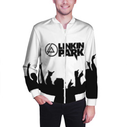 Бомбер с принтом Linkin Park Линкин Парк для мужчины, вид на модели спереди №2. Цвет основы: белый