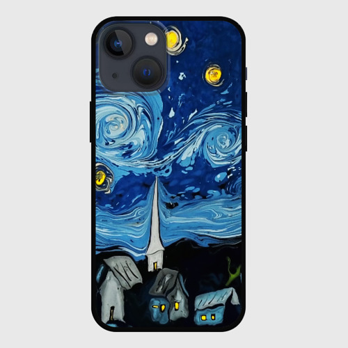 Чехол для iPhone 13 mini с принтом Звёздная ночь Вангог, вид спереди #2