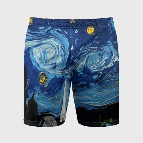 Мужские шорты спортивные с принтом Звёздная ночь Вангог, вид спереди #2