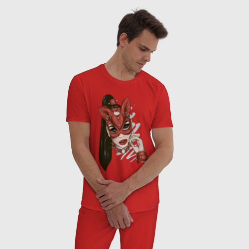 Мужская пижама хлопок Девушка в маске кошки, цвет красный - фото 3