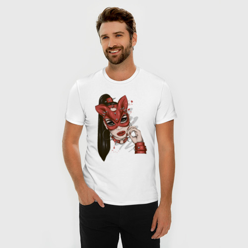 Мужская футболка хлопок Slim Девушка в маске кошки, цвет белый - фото 3