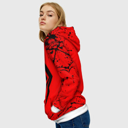 Толстовка с принтом Warframe red Stalker для женщины, вид на модели спереди №3. Цвет основы: белый