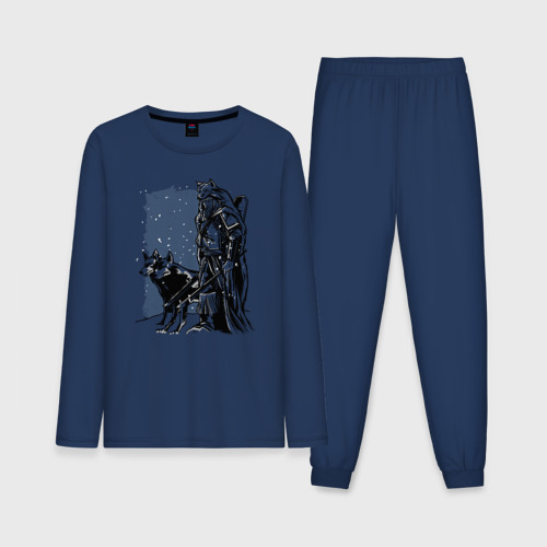 Мужская пижама с лонгсливом хлопок Викинг и Волки, цвет темно-синий