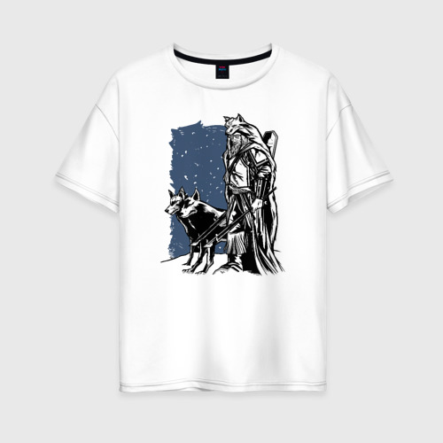 Женская футболка из хлопка оверсайз с принтом Викинг и Волки, вид спереди №1