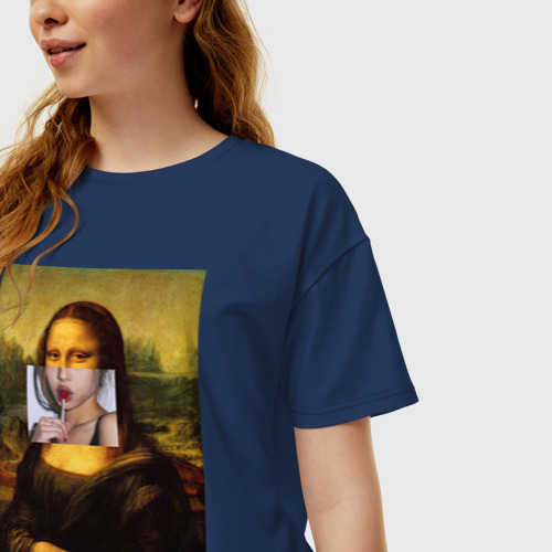 Женская футболка хлопок Oversize Мона Лиза, цвет темно-синий - фото 3