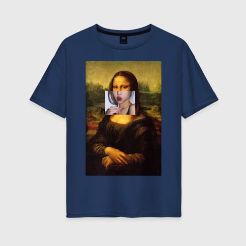 Женская футболка хлопок Oversize Мона Лиза, цвет темно-синий