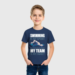 Футболка с принтом Swimming is my sport для ребенка, вид на модели спереди №2. Цвет основы: темно-синий