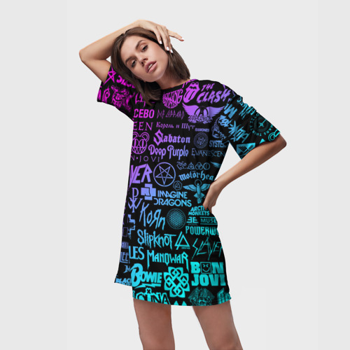 Платье-футболка 3D Логотипы рок групп, цвет 3D печать - фото 3