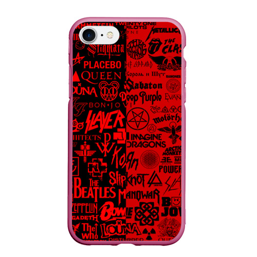 Чехол для iPhone 7/8 матовый Логотипы рок групп rock, цвет малиновый